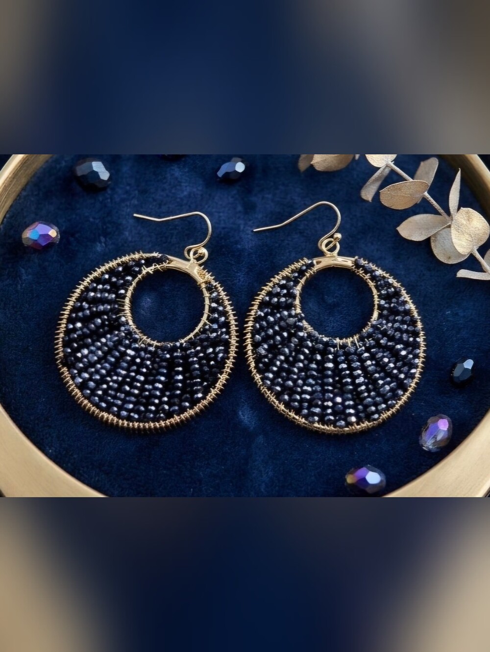 Gold Hoop Earrings with Navy Bead Detailing